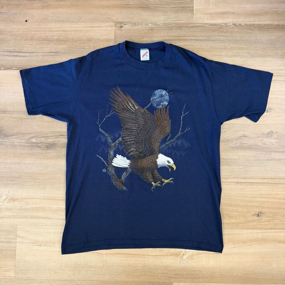 Vintage 90s American Bald Eagle Single Stitch Blue Shirt Jerzees Tag Sz XL USA
